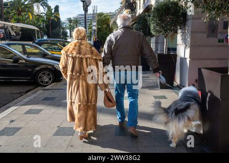 Schön, Frankreich, Erwachsenes Paar, das weggeht, Straßenszene, mit Haustier Hund, Frau im Pelzmantel Stockfoto