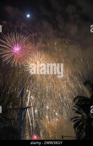 Das wunderschöne Feuerwerk in verschiedenen Farben und Formen explodiert am Himmel von Valencia während der Fallas-Feier Stockfoto