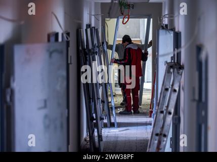 Wismar, Deutschland. März 2024. Handwerker arbeiten an der Umgestaltung eines Zellkorridors im ehemaligen Jugendgefängnis in das Hostel „das Kittchen“. Ab dem Sommer bietet ein Hostel im Stadtzentrum eine besondere Art von Übernachtung. Die 2008 stillgelegte Anlage wird derzeit zu Kosten von rund 3,5 Millionen Euro umgebaut. In 31 Zimmern sind rund 100 Betten geplant. Einige der Hotelzimmer sind ehemalige Gefängniszellen - die kleinste misst zweimal dreieinhalb Meter. Zwei Gäste können mit einem Etagenbett noch den Nig Credit ausgeben: dpa/Alamy Live News Stockfoto