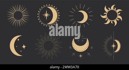 Set Gold mystic Mond himmlische Astrologie magische Element mit Strahlen, Sternen, Burst Minimal Line Tattoo, Rand oder Dekoration isoliert auf dunklem Hintergrund. Leersymbole, Emblem. Vektorabbildung Stock Vektor