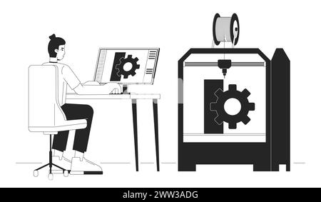 3D-Druck im Maschinenbau Schwarzweiß-Zeichentrickgrafik Stock Vektor