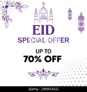 EID-Sonderangebot. EID-Großverkauf. Bis zu 70 % Rabatt. Editierbare EPS-Datei mit violettem Theme-Vektor. Minimaler flacher oder weißer Hintergrund. Stock Vektor