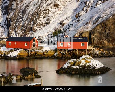 Traditionelle rote Rorbu-Häuser auf Stelzen im authentischen Fischerdorf Nusfjord, Flakstadoya, Lofoten, Norwegen Stockfoto