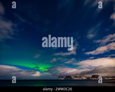 Nordlichter, aurora borealis, über schneebedeckten Bergen am Sternenhimmel, Lofoten, Norwegen Stockfoto