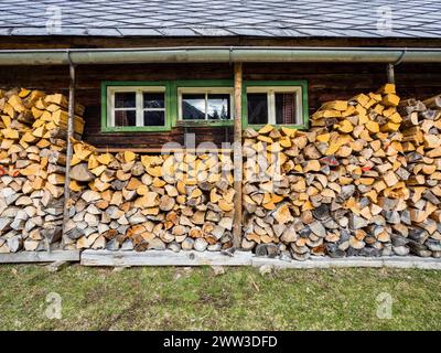 Holzstapel vor einer Hütte, Jassing, Steiermark, Österreich Stockfoto