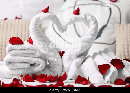 Flitterwochen. Schwäne mit Handtüchern und wunderschönen Rosenblättern auf dem Bett Stockfoto