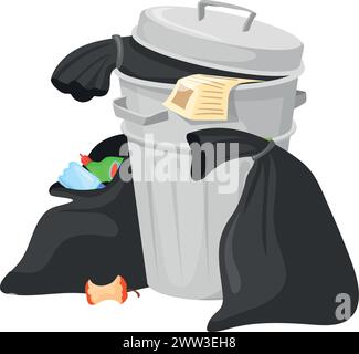 Mülleimer mit Müll in schwarzen Tüten. Müllcontainer-Zeichentricksymbol isoliert auf weißem Hintergrund Stock Vektor