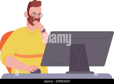 Denkender Mann, der am Computerpult arbeitet. Lösung von Arbeitsproblemen isoliert auf weißem Hintergrund Stock Vektor