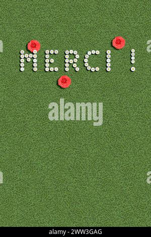 Merci danke danke Sie in Sprache geschrieben mit Blumen französischer Stockfoto