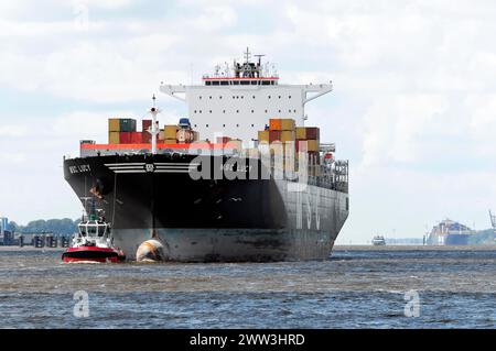 MSC LUCY, Containerschiff mit Schlepphilfe auf bewegtem Wasser im Hafengebiet, Hamburg, Hansestadt Hamburg, Deutschland Stockfoto