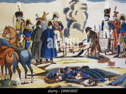 Schlacht von Austerlitz oder Schlacht der drei Kaiser. Dezember 1805. Napoleon am Abend vor Auterlitz. Stich von F. Georgin, 19. Jahrhundert. Stockfoto