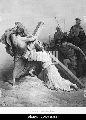 Jesus erliegt unter dem Kreuz, Lukas-Evangelium, Kapitel 23, Jesus, Weg, Fall, Zusammenbruch, Soldaten, Neues Testament, Bibel, historische Abbildung 1886 Stockfoto