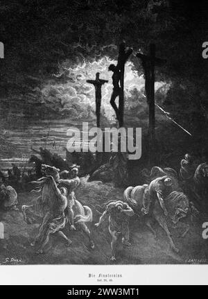 Die Dunkelheit, Lukas-Evangelium, Kapitel 23, Kreuzigung Jesu, Sterben, Tod, Trauer, Dunkelheit, Blitz, Reiter, flieht, rennt, beeilt euch, Golgotha, Neu Stockfoto