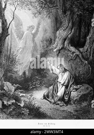 Jesus auf dem Ölberg, Lukas-Evangelium, Kapitel 22, Jerusalem, Engel, Wald, Felsen, beten, Gott, Licht, neues Testament, Bibel, Geschichte Stockfoto