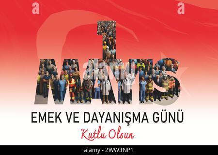 1 Mayis Emek ve Dayanisma Gunu oder International Workers' Day Grußkarte mit verschiedenen Arbeitskräften. Stock Vektor