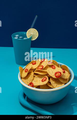 Runde Nachos-Maistortilla-Chips mit roten Chilischeiben in einer Snackschale mit einem kalten Getränk Stockfoto