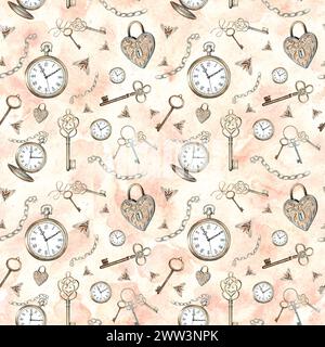 Taschenuhr, Schlüssel, Kette, Schloss, Motten auf pfirsichfarbenem Hintergrund. Nahtloses Aquarellmuster mit Vintage-Elementen. Handgezeichnete Retro-Illustration Templat Stockfoto