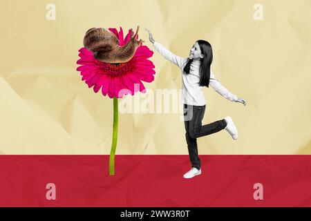 Composite Trend Artwork Skizzenbild 3D Foto Collage von schwarz weiß kleines Schulmädchen Haustier riesige Schnecke sitzen auf großen rosa Gerbera Blume Stockfoto