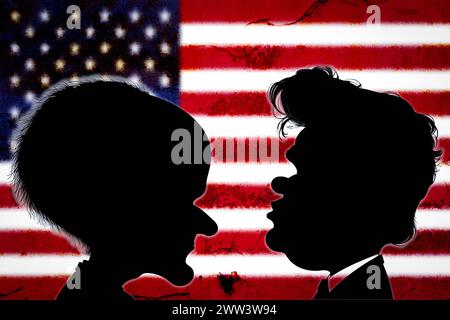 21. März 2024: Symbolisches Bild der USA Wahlen, ILLUSTRATION, Duellkonzept mit Comic-Silhouetten von Joe Biden und Donald Trump vor der Flagge der Vereinigten Staaten. FOTOMONTAGE *** Symbolbild USA Wahlen, ILLUSTRATION, Duell-Konzept mit Comic Silhouetten von Joe Biden und Donald Trump vor der Flagge der Vereinigten Staaten. FOTOMONTAGE Stockfoto