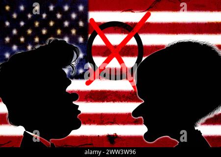 21. März 2024: Symbolisches Bild der USA Wahlen, ILLUSTRATION, Duellkonzept mit Comic-Silhouetten von Joe Biden und Donald Trump vor der Flagge der Vereinigten Staaten. FOTOMONTAGE *** Symbolbild USA Wahlen, ILLUSTRATION, Duell-Konzept mit Comic Silhouetten von Joe Biden und Donald Trump vor der Flagge der Vereinigten Staaten. FOTOMONTAGE Stockfoto