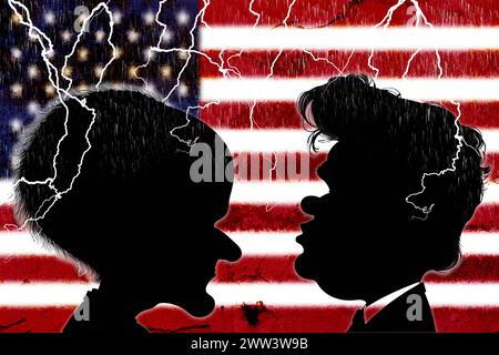 21. März 2024: Symbolisches Bild USA Wahlen, ILLUSTRATION, Duellkonzept mit Comic-Silhouetten von Joe Biden und Donald Trump vor der Flagge der Vereinigten Staaten mit Gewitter und Blitzen. FOTOMONTAGE *** Symbolbild USA Wahlen, ILLUSTRATION, Duell-Konzept mit Comic Silhouetten von Joe Biden und Donald Trump vor der Flagge der Vereinigten Staaten mit Gewitter und Blitzen. FOTOMONTAGE Stockfoto