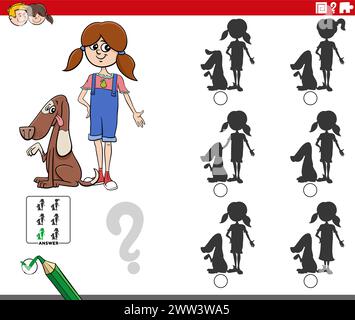 Cartoon-Illustration, wie das richtige Bild für das Schattenpädagogik-Spiel mit Mädchen und ihrem Hund gefunden wird Stock Vektor