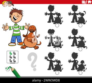 Cartoon-Illustration, wie das richtige Bild für das Schattenpädagogik-Spiel mit dem Jungen und seinem Hund gefunden wird Stock Vektor