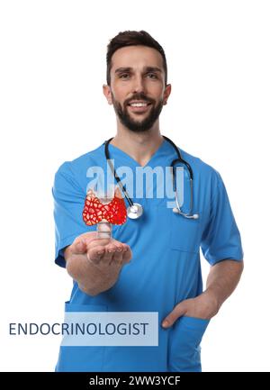 Endokrinologe mit Schilddrüsenabbildung auf weißem Hintergrund Stockfoto