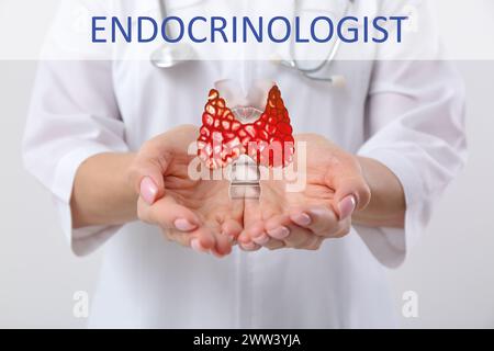 Endokrinologe mit Schilddrüsenabbildung auf hellem Hintergrund, Nahaufnahme Stockfoto