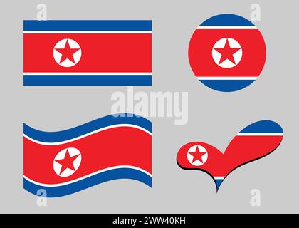 Nordkoreanische Flagge. Flagge Nordkoreas in Herzform. Nordkorea Flagge in Kreisform. Varianten der Landesflagge. Stock Vektor