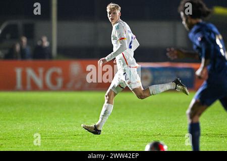 Kobe Corbanie (2) aus Belgien, dargestellt während eines Fußballspiels zwischen den U19-Nationalmannschaften Frankreichs und Belgiens am 1. Spieltag in der Gruppe 2 der UEFA-U19-Elite-Runde am Donnerstag, den 20. März 2024 in Assen , Niederlande . FOTO SPORTPIX | David Catry Stockfoto