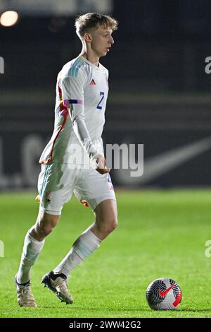 Kobe Corbanie (2) aus Belgien, dargestellt während eines Fußballspiels zwischen den U19-Nationalmannschaften Frankreichs und Belgiens am 1. Spieltag in der Gruppe 2 der UEFA-U19-Elite-Runde am Donnerstag, den 20. März 2024 in Assen , Niederlande . FOTO SPORTPIX | David Catry Stockfoto