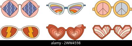 Retro Groovy Sonnenbrillen Kollektion mit verschiedenen Mustern. 1970er Jahre Vibe Set Stock Vektor