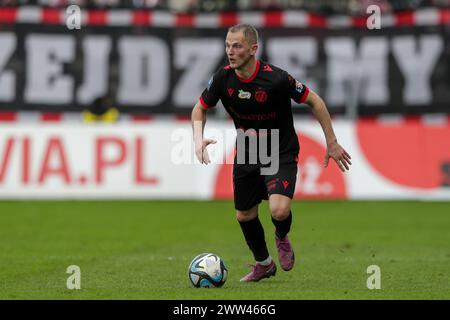 Andrejs Ciganiks von Widzew Lodz wurde während des polnischen PKO Ekstraklasa League 2023/2024 im Cracovia Stadion gesehen. Endergebnis: Cracovia Krakau 2:2 Widzew Lodz. Stockfoto