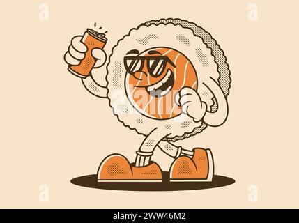 Maskottchen-Charakter-Illustration Design von spazierendem Sushi mit einer Bierdose. Vintage-Farbe Stock Vektor