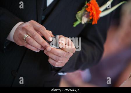 Ein detaillierter Moment während einer Hochzeitszeremonie, bei dem ein Paar Ringe austauscht, um ihre Verpflichtung zu symbolisieren. Die Hände des Bräutigams halten vorsichtig eine Ringbox, während er sich darauf vorbereitet, das Band auf den Finger seines Partners zu legen, mit einem Boutonniere am Revers. Eheringe austauschen, Eine symbolische Geste der Liebe. Hochwertige Fotos Stockfoto