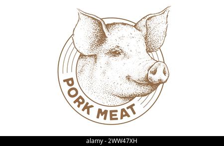 Schweinefleisch, Schweinekopf, Fleisch-Etikett. Vorlage Für Etikett Mit Fleischkennzeichnung. Vintage-Druck, Tag, Etikett mit Pig Sketch Tusche Bleistiftzeichnung. Fleischerei Schweinekopf Fleischgeschäft, Text, Typografie. Vektorabbildung Stock Vektor