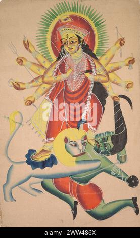 Vintage-Hindu-Kunst Durga tötet den Dämon Mahisha, um 1890. Ostindien, Bengalen, Kalkutta, Kalighat. Stockfoto