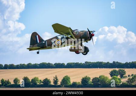 Westland Lysander Mk III V9312 (G-CCOM) startet auf der Duxford Battle of Britain Air Show 2022, Duxford Airfield, Cambridgeshire, England, Großbritannien Stockfoto