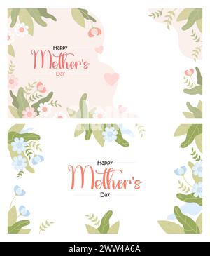 Floral Banner Happy Mothers Day. Rosa und blaue Blumen auf weißem Hintergrund mit Glückwunschaufschrift. Horizontale isolierte Festplakate. Vec Stock Vektor