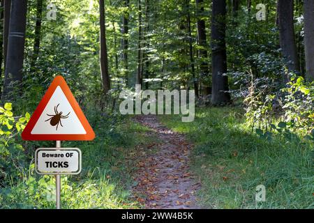 Warnschild für infizierte Zecken im Wald. Risiko von Zecken und Lyme-Borreliose. Stockfoto