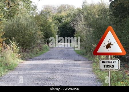 Warnschild für infizierte Zecken im Wald. Risiko von Zecken und Lyme-Borreliose. Stockfoto