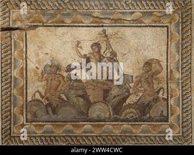 Epiphanie des Dionysosmosaiks aus der Villa des Dionysos (2. Jahrhundert n. Chr.) in Dion, Griechenland. Jetzt im Archäologischen Museum von Dion. Stockfoto