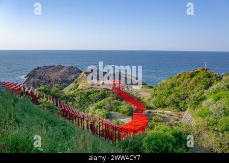 Motonosumi Inari-Schrein in der Präfektur Yamaguchi, Japan. Rote Tore vor dem blauen Meer. Stockfoto