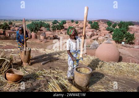 Niger, außerhalb des Dorfes Tahoua in der Sahelzone schlagen Frauen aus dem Stamm der Haussa die gerade geerntete Hirse. Stockfoto