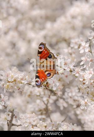 Schmetterling Europäischer Pfau, Aglais io, dorsale Seite, ernährt sich von Nektar von einem weißen blühenden Schwarzdorn, Prunus spinosa, im frühen Frühjahr, Deutschland Stockfoto