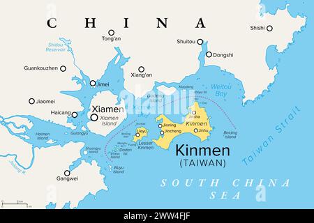 Kinmen, auch bekannt als Quemoy, politische Karte. Inselgruppe, die als County von Taiwan, Republik China, nur 10 km östlich von Xiamen regiert wird. Stockfoto