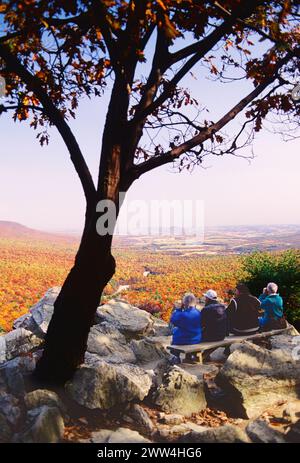 BESUCHER BEOBACHTEN WANDERNDE GREIFVÖGEL, SÜD OVERLOOK, HAWK MOUNTAIN SANCTUARY, PENNSYLVANIA, USA Stockfoto