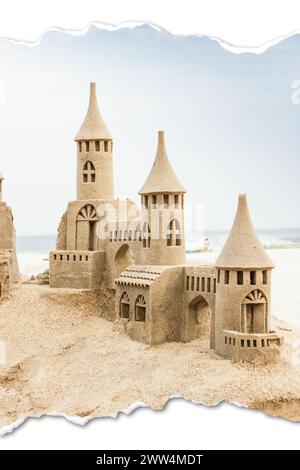 Kreatives Bild von Sendcastles an einem sonnigen Strand mit blauem Himmel. Konzept von Freizeit, Urlaub, nostalgisches Andenken Stockfoto