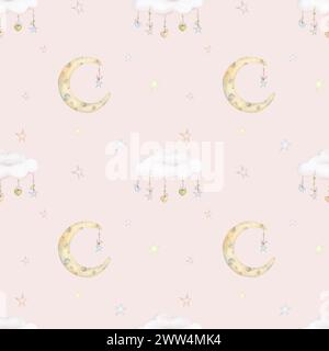 Nahtloses Babymuster auf beigefarbenem Hintergrund. Aquarellhintergrund in Pastellfarben. Kinderparty, Babyparty, Geburtstag. Design der Wallpa Stockfoto